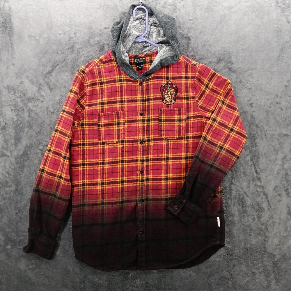 Harry Potter Gryffindor Plaid Hooded Button Down Shirt Jacket Wizard Apparel SM